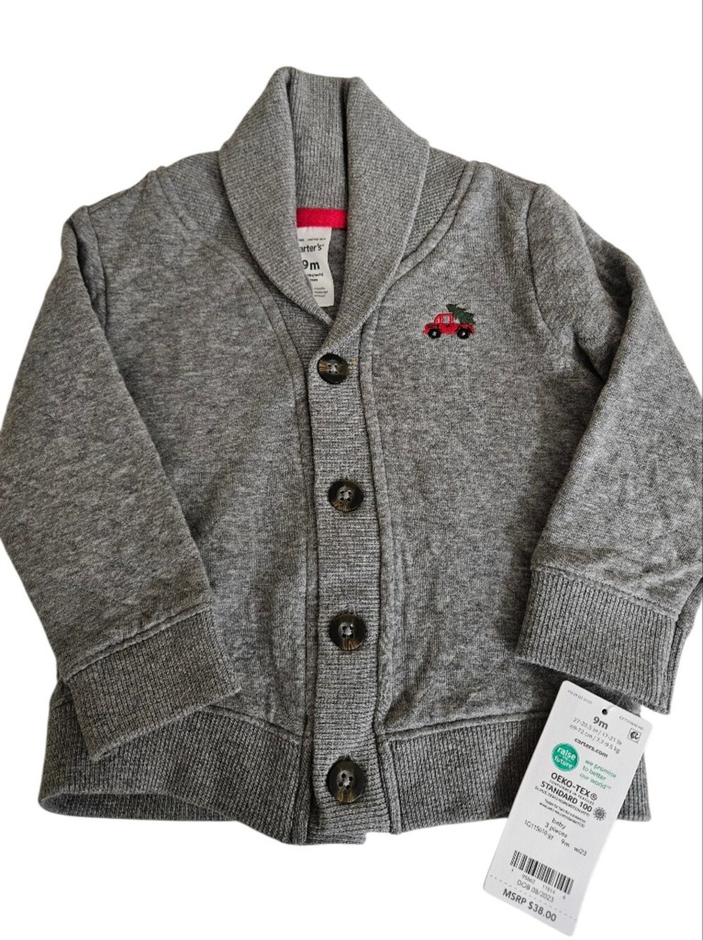 Carter's NWT Gray Shawl-Collar Cardigan with Red Truck Detail, 9 Months